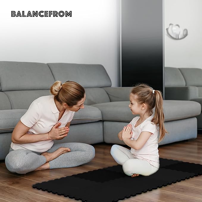 BalanceFrom Puzzle Exercise Mat 1/2-inch Thick, EVA Interlocking Foam Floor | Tiles for Home Gym, Mat for Home Workout Equipment, Floor Padding for Kids, Black, 24 in x 24 in x 1/2 in, 24 Sq Ft - 6 Tiles
