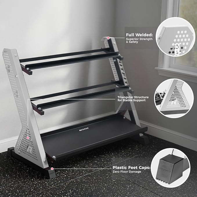 RitFit Rubber Hex Dumbbell Weight Set with 3-Tier Dumbbell Rack | Anti-Slip Knurled Chrome Handle,Cast Iron,Hexagon Anti-Roll Design,1000LB Capacity Heavy Duty Steel Rack for Home Gym