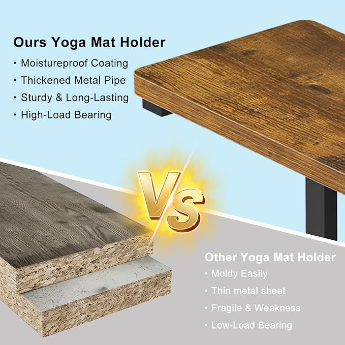 Yoga Mat Holder Wall Mount, 4-Tiers Yoga Mats Storage Shelf Rack | Home Gym Wall Organizer Holder with Wood Floating Shelf and 5 Hooks, Storage Rack for Foam Roller/Band/Workout Equipment