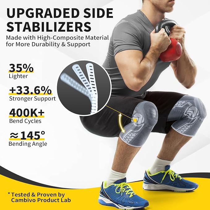 CAMBIVO Knee Brace for Men & Women, 2-Pack Compression Sleeve with Gel Pad | Patella Gel Pad with Side Stabilizers for Knee Pain Relief. Ideal for Running, Weightlifting & Arthritis, Workout, Daily Use