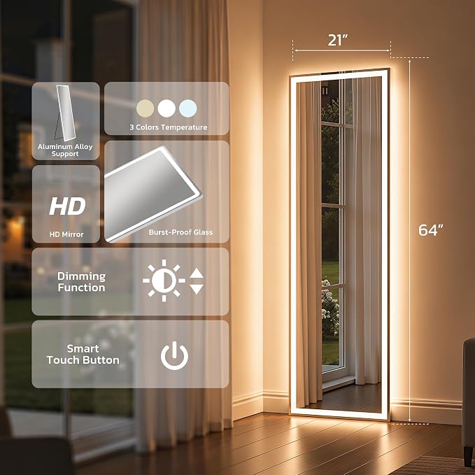 64"x21" Full Length Mirror with LED Lights, Mirrors with Dimming & 3 Color, Full Body Mirrors with Aluminum Alloy Thin Frame for Bedroom, Dressing Room