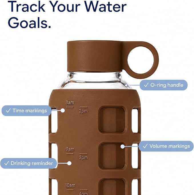 purifyou 40oz / 32oz / 22oz / 12oz Borosilicate Glass Water Bottle with Time & Volume Markers, Silicone Sleeve, Stainless Steel Lid – Reusable Glass Bottle for Water & Juice (32oz Earth Brown)