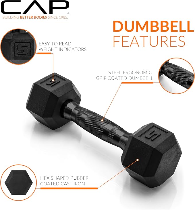 CAP Rubber Coated Dumbbell Weights, Free Weights for Home Gym Strength Training, Anti-Roll Hex Dumbbells with Black, Chrome & Comfort Grip Handles, Pairs & Sets