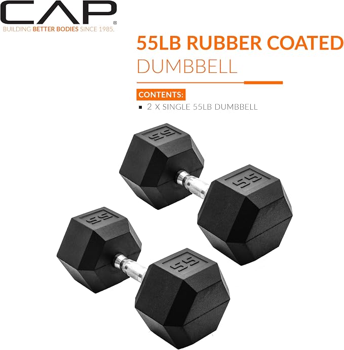 CAP Rubber Coated Dumbbell Weights, Free Weights for Home Gym Strength Training, Anti-Roll Hex Dumbbells with Black, Chrome & Comfort Grip Handles, Pairs & Sets