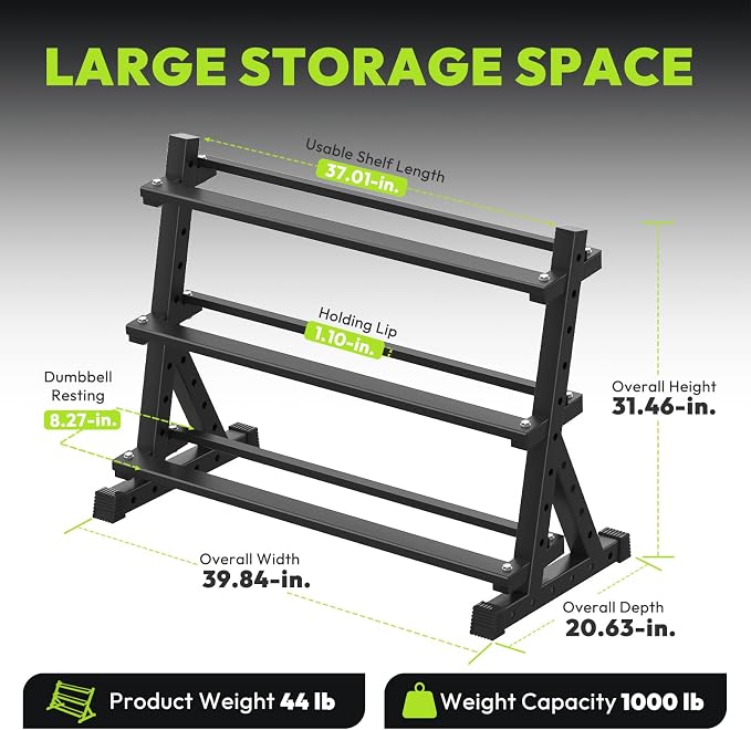 3-Tier Dumbbell & Kettlebell Rack Stand Only, 1000LB Capacity | Heavy Duty Weight Stand for Dumbbells, Space-Saving Metal Storage Organizer, Sturdy Dumbbell Holder for Home Gym