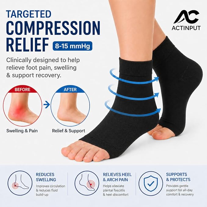 Ankle Brace Compression Sleeve Socks 2 Pack for Women&Men Foot Arch Support | 8-15 mmHg Support for Plantar Fasciitis Relief, Heel Pain, Arch & Ankle Support, Foot Brace, Open Toe Design（Black S/M）