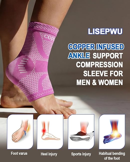 LISEPWU Copper Ankle Brace, Copper Infused Ankle Support Compression Sleeve for Men & Women, for Foot Pain Relief, Sprained Recovery, Achilles Tendonitis, Daytime or Night Use(Purple L)