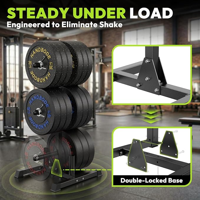 HANDBODE Weight Plate Rack with Barbell Storage, 1100 lbs Capacity | 6-Peg Vertical Holder for 1- or 2-Inch Plates, Heavy-Duty Organizer for Home Gym