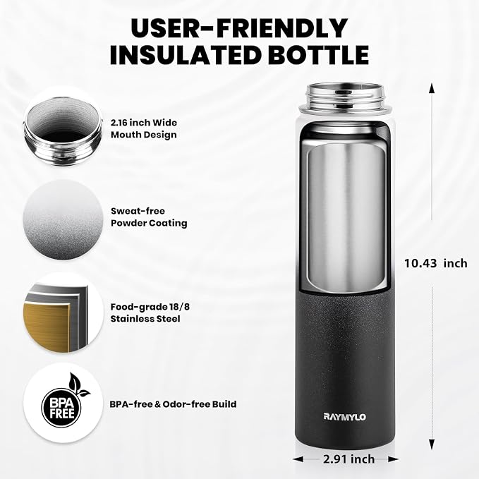 RAYMYLO Insulated Water Bottle 24 oz, Triple Wall Vacuum Stainless Steel | (Cold for 24Hrs, Hot for 12Hrs), Leak Proof & Non-BPA, Modern Water Flask Jug with Paracord Handle & Straw Spout Lids