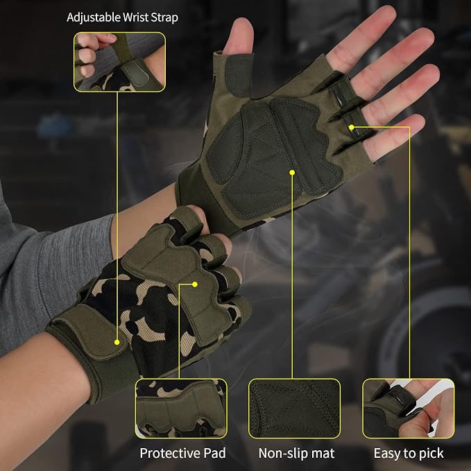 FIORETTO Fingerless Gloves for Men, Breathable Grip Palm Gloves for Motorcycle Riding, Driving, Cycling, Exercise, Workout, Climbing, Hiking and Outdoor Activities M210603