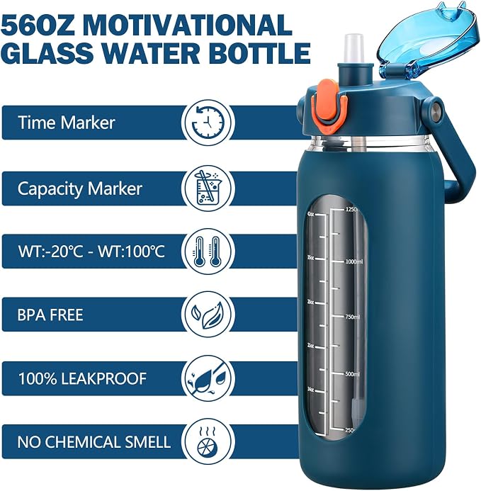 56oz Glass Water Bottles with Straw, Motivational Glass Bottle with Silicone Sleeve and Time Marker, Leakproof Large Glass Water Jug for Gym Home Office,Blue