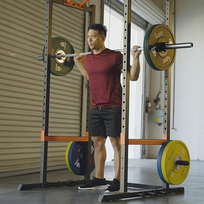 Sunny Health & Fitness Power Zone Strength Rack Power Cage - 1000 LB Weight Capacity, Spotter Bar, Angled Pull-Up Bar, J-Hooks, Resistance Band Pins, Optional LAT Pull Down
