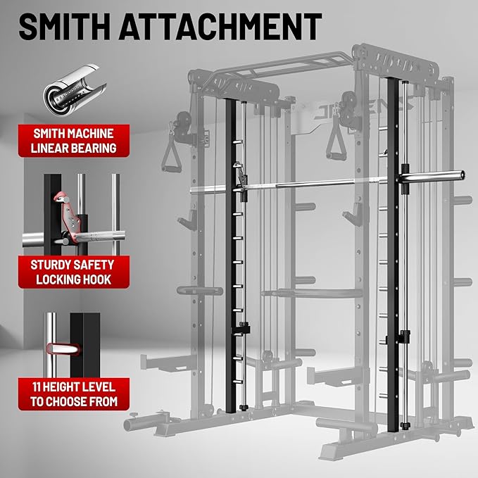 JELENS Smith Machine for Home Gym, Multi-Function M12 Power Cage with Cable Crossover System, Squat Rack with Smith Bar and More Attachment