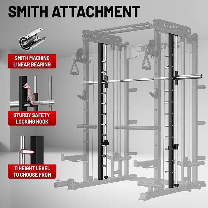 JELENS Smith Machine for Home Gym, Multi-Function M12 Power Cage with Cable Crossover System, Squat Rack with Smith Bar and More Attachment