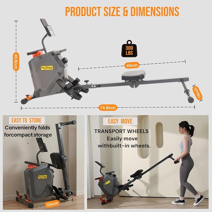 Magnetic Rowing Machine, Quiet Foldable Rower with 8-Level Resistance, LCD Monitor & Tablet Holder, Full-Body Low-Impact Cardio Equipment, Optional 2-in-1 Strength Training