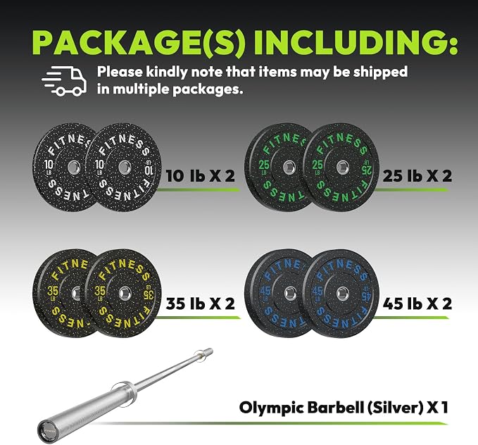 HANDBODE Olympic Barbell Set, 2-Inch Bumper Plates with Weight Plate Rack | Colored Crumb Rubber Weight Plates for Weight Lifting & Strength Training, 90–530 lb Set with 45 LB (20 kg) Olympic Barbell