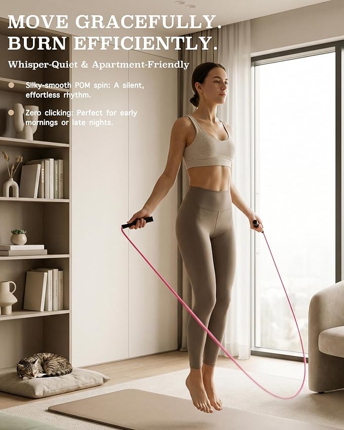 YUEDONG Women's Silent Jump Rope, Adjustable PVC Rope for Apartment Fitness | Whisper-quiet rotation, adjustable tangle-free PVC rope, ergonomic grip, carry pouch, for apartment cardio and home workouts