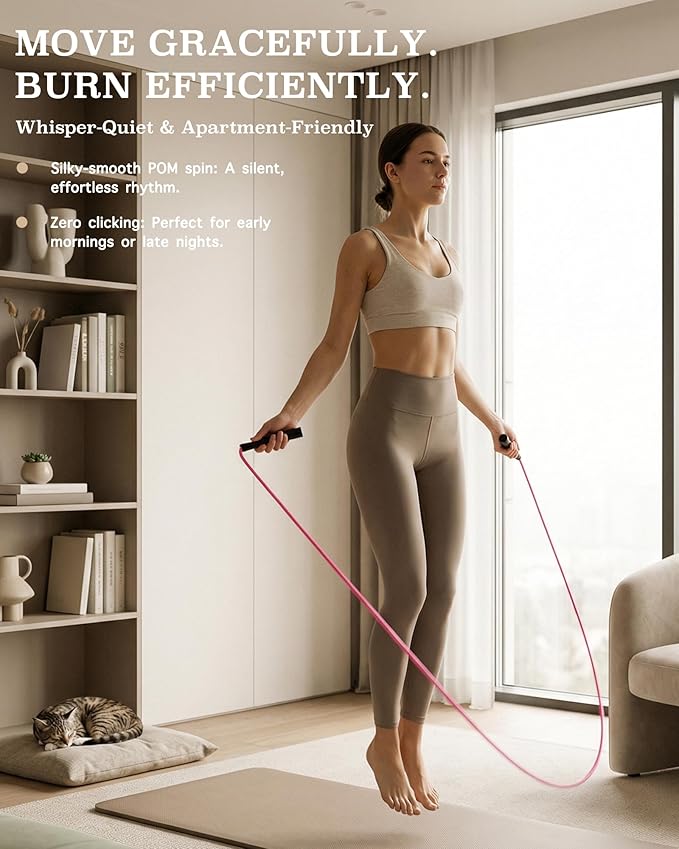 YUEDONG Women's Silent Jump Rope, Adjustable PVC Rope for Apartment Fitness | Whisper-quiet rotation, adjustable tangle-free PVC rope, ergonomic grip, carry pouch, for apartment cardio and home workouts