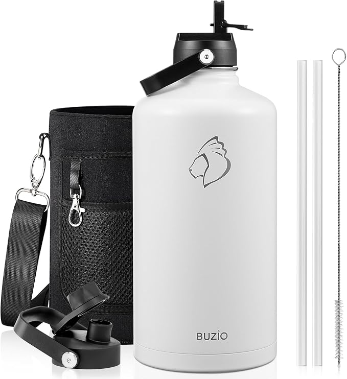 BUZIO 1 Gallon Water Bottle Insulated with Dust-Proof Straw & Spout Lids | 128 oz Large Water Jug 18/8 Stainless Steel Triple Wall (Keep Cold 48Hrs/Hot 24 Hrs), Dishwasher Safe, Sweat-Proof, Black