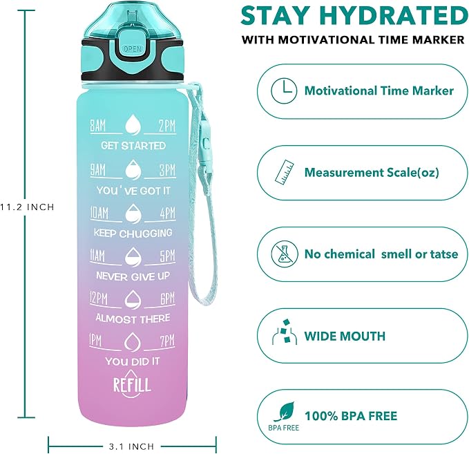 Enerbone 32 oz Drinking Water Bottle with Times to Drink and Straw, Motivational with Carrying Strap, Leakproof BPA & Toxic Free, Ensure You Drink Enough Water for Fitness Gym Outdoor