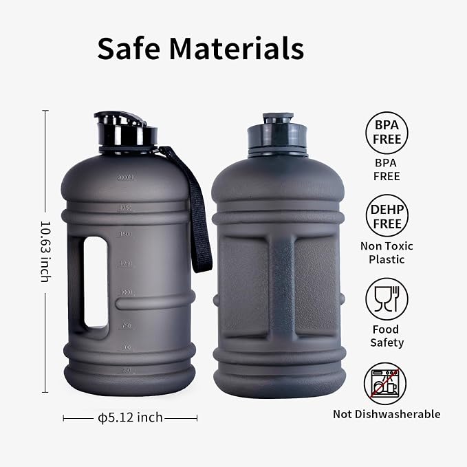 TOOFEEL 2 Liter Water Bottles - Half Gallon Water Bottle BPA Free - Ideal for Gym, Big Water Jug, Reusable Sports Bottle with Measurements Marked Drink Container - 2.2L 74oz Black Half Gallon Bottle
