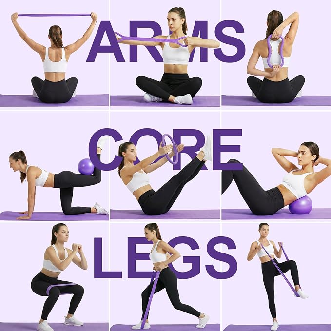 Home Pilates Ring and Ball Set for Women with 5 Resistance Bands 13 inch Magic Circle Workout Starter Kit for Beginners Full Body Toning 15 Min Daily Routine