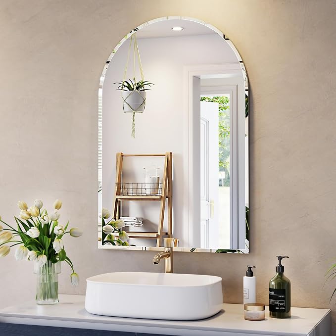 Frameless Bathroom Mirror, 28" x 42" Arched Vanity Mirror for wall Beveled, Arch Wall Mounted Mirror for Bedroom, Entryways, Over Sink