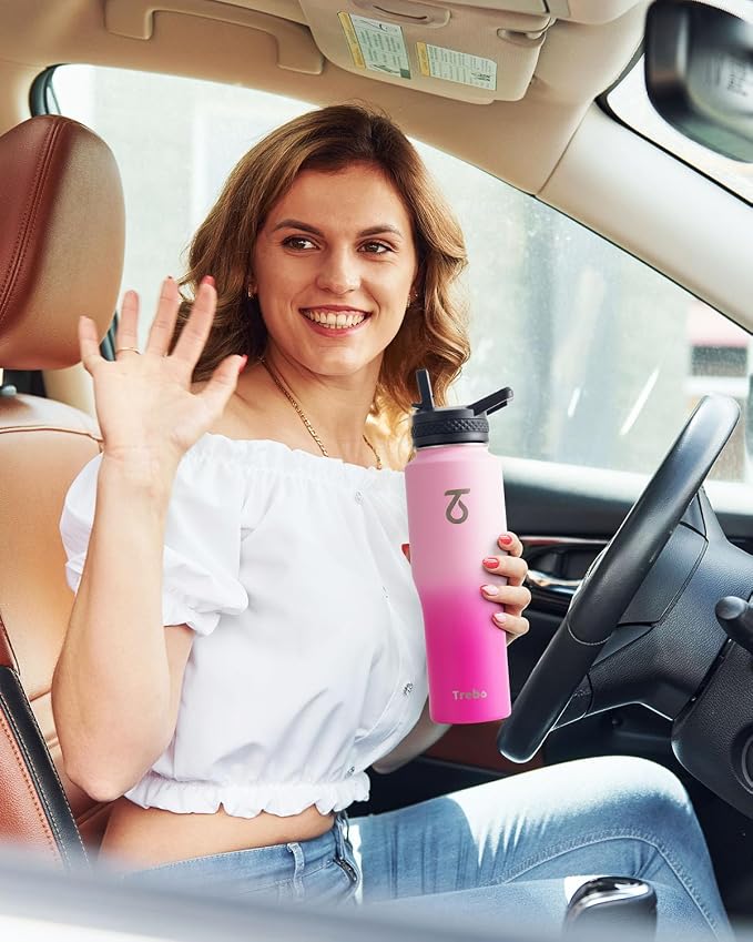 Trebo 32 oz Water Bottle Insulated Fits in Any Car Cup Holder with 2 Lids | Stainless Steel T-shape Tumbler with Paracord Handle, Triple Wall Vacuum Copper Plated, Cold 48 Hrs for Travel, Leakproof
