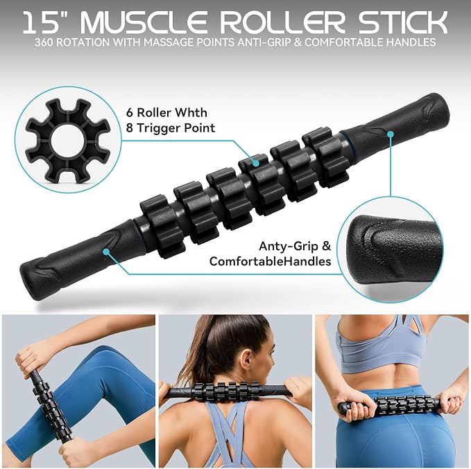 Krightlink 5-in-1 18" Foam Roller Set for Deep Muscle Massage Release | Foam Roller Back Roller for Fitness Relieves Muscle Pain Myofascial Trigger Point Release Pilates, Yoga (18" Black)
