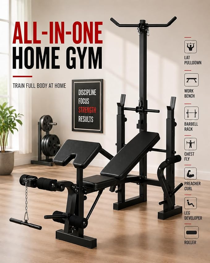 Garvee 8 in 1 Adjustable Weight Bench Set, Lat Pulldown & Leg Extension Foldable Bench Press Set with Preacher Curl Pad, Chest Fly, Leg Curl, Rack, Full Body Home Gym Strength Training Equipment