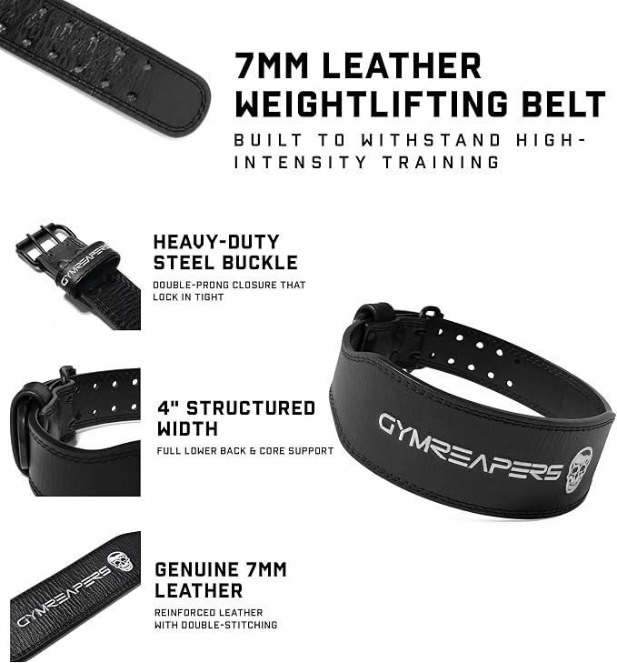 Gymreapers Leather Weightlifting Belt for Bodybuilding, Squatting, Lower Back Support & Back Pain - Real Leather, Adjustable Buckle Sizing - Men Women