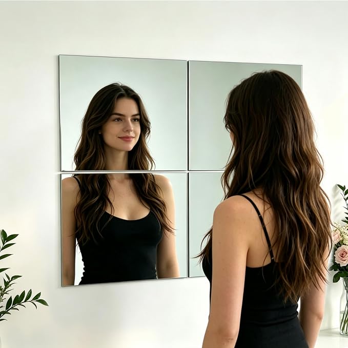 4-piece Glass Full Length Wall Mirror Tiles, 8 × 10 inch self-Adhesive Frameless Small Mirror Brick, Suitable for Home Gyms, bedrooms, Doors, and Bathroom Glass Mirrors (4Pcs 8 * 10)