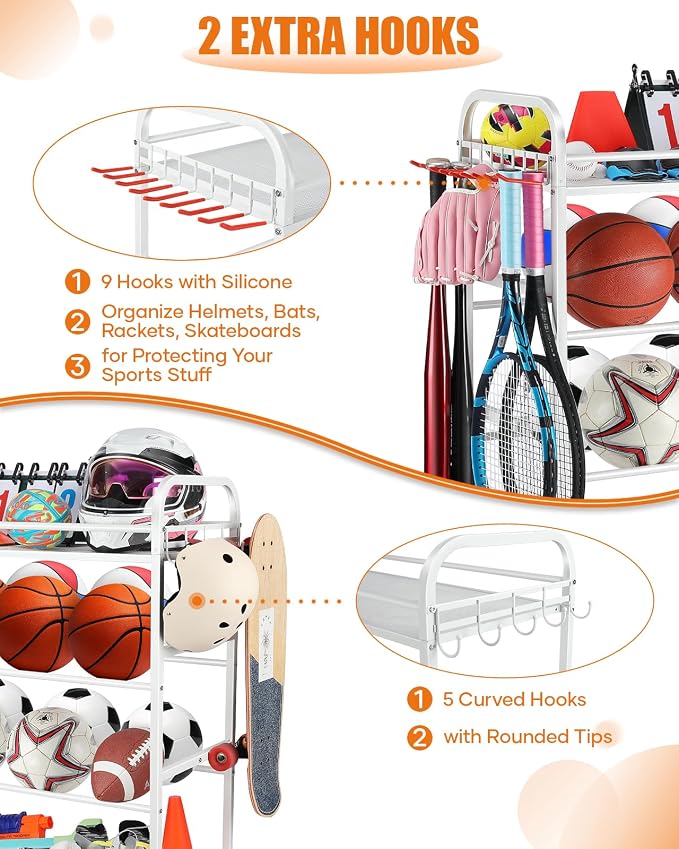 EXTCCT Garage Sports Equipment Organizer - Rolling Ball Storage Bin with Wheels, Garage Sports Gear Rack Outdoor Basketball Racks for Balls with Baseball Bat Holder and Hooks, Toy Organizer(White)
