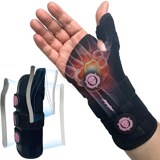 JUPITER Carpal Tunnel Wrist Brace with Thumb Support, Day & Night Thumb Spica Splint for Right Hand, Ideal for De Quervains Tenosynovitis, Tendonitis & Typing Pain Relief - Small/Medium, Black-Pink for Men & Women