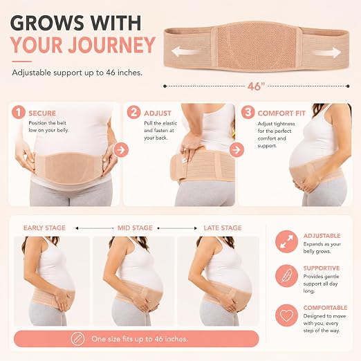 AZMED Maternity Belt Back Support - Adjustable Abdominal Binder for Pregnancy - Belly Band for Pelvic, Waist & Lower Back Comfort - Fits Up to 46 Inches - Beige