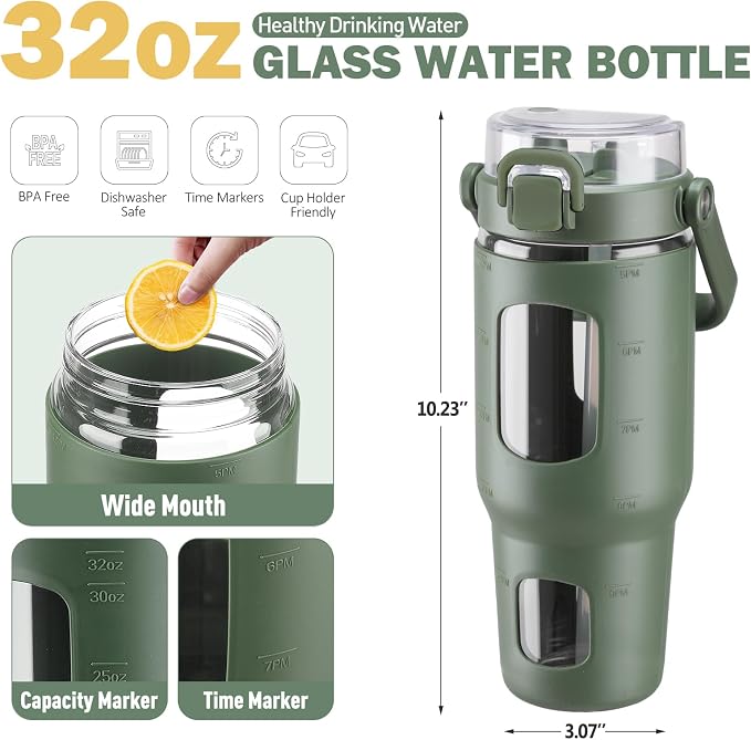 BLUEGO 32oz Glass Water Bottles with Straw Time Marker Half Gallon Large Motivational Water Bottle with Silicone Sleeve 2 Liter Large Glass Water Jug for Gym, Sports& Workout, Daily, 02 Olive