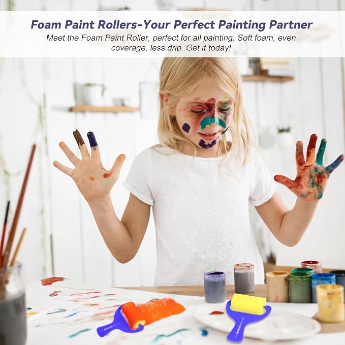 Foam Paint Roller 12 Piece Set 3''x12, Sponge Roller for Painting Art & Craft, Soft & Disposable & Washablea, Blue, Yellow