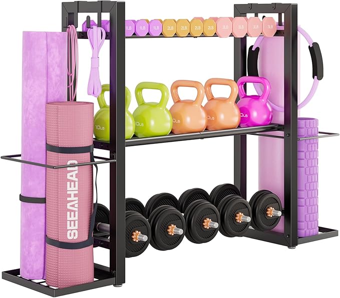 Adjustable Dumbbell Rack for Home Gym, Heavy-Duty Metal Stand | Adjustable 3-Tier Weight Rack Stores Dumbbells, Kettlebells and Yoga Mat, While Keeping Workout Accessories Neatly Organized