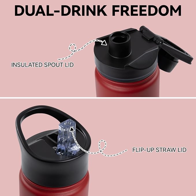 16 oz Insulated Water Bottle for School, Straw & Spout Lid, Keep Cold 24H, Spill Proof, BPA-Free, Double Wall Stainless Steel Kids Water Bottles for Sports, Gym, Travel, Red