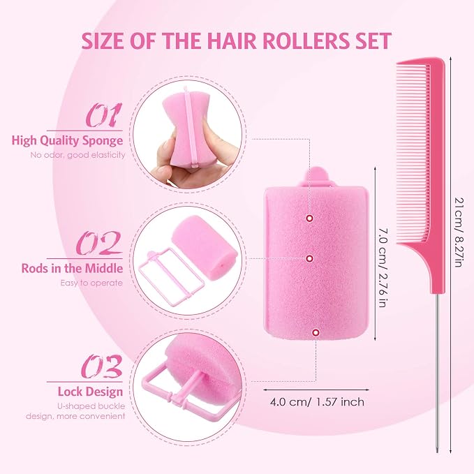 Syhood 48 Pcs Foam Hair Rollers for Overnight Styling Flexible Sponge Heatless Curlers and Rat Tail Comb for Short/long Hairs Women Hairdressing Styling(Pink,1.57 inch)