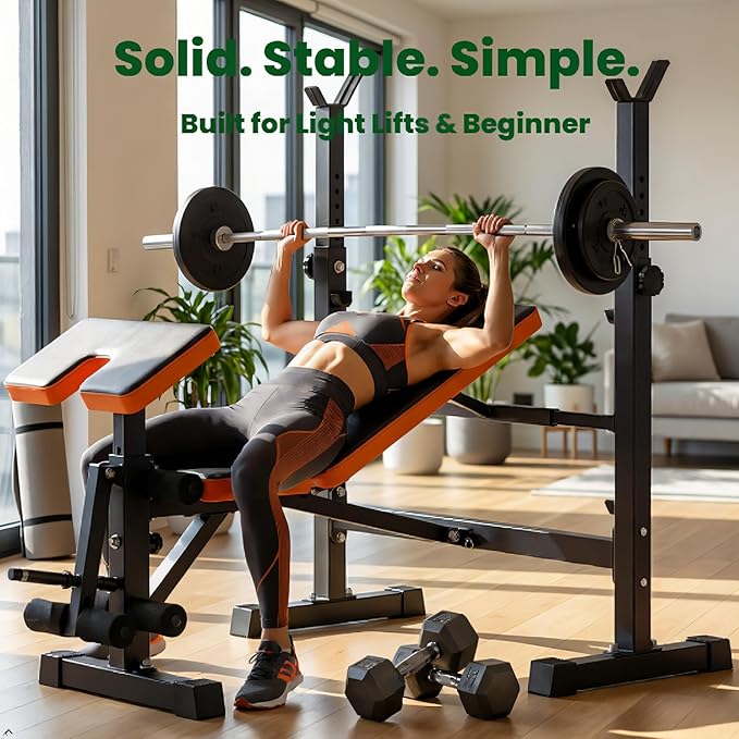 YOLEO Beginner Weight Bench Set for Home Gym, 6-in-1 Adjustable Workout Bench with Squat Rack, Foldable Full Body Fitness Equipment for Bench Press, Sit-Up & Strength Training