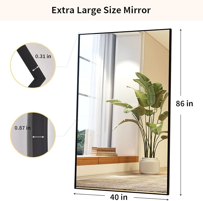 Easly 40"X86" Full Length Mirror with Stand, Black Large Floor Mirror | Rectangular Full Body Mirror for Bedroom, Living Room or Closet, Wall-Mounted or Freestanding, Aluminum Alloy Frame