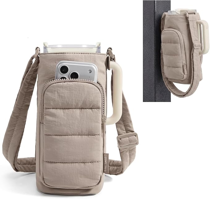 BAGSMART 40oz Water Bottle Holder with Strap, Quilted Gym Accessories | Magnetic or Classic Design, Lightweiht Tumbler Drink Carrier, Quilted Crossbody Purse