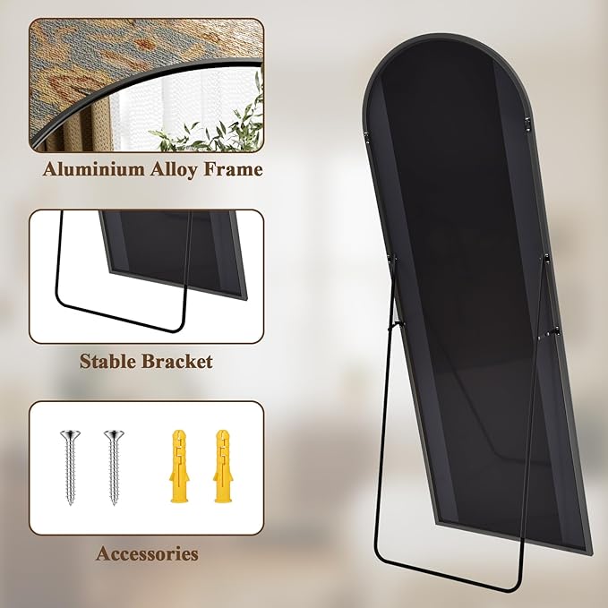 Arched Full Length Mirror 71"x26" Leaning Hanging Decor Black | Standing Body Mirror with Aluminum Frame for Bedroom Cloakroom Living Room Make-up Gift