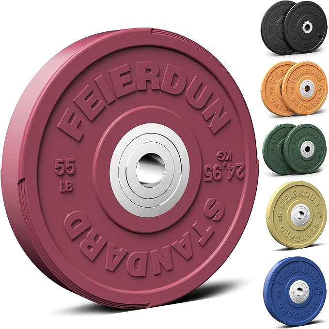 FEIERDUN Color Bumper Plate Set, 2-Inch Olympic Weight Plates, Low Bounce Rubber Barbell Plates with Stainless Steel Insert for Weightlifting, Strength Training, CrossFit & Home Gym, 10LB-370LB