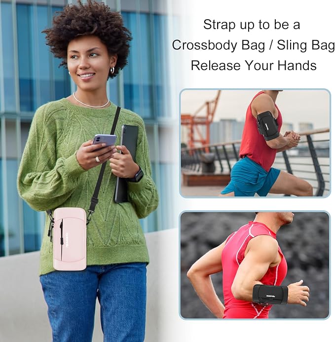 Arm Phone Holder for Running, Crossbody Bag 2-in-1, 7.5 Inch Pink | Large Capacity, Water Resistant, Phone Arm Band for Running Hiking, Adjustable Cell Phone Armband for iPhone Samsung Card Key