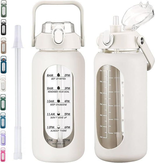 64oz Glass Water Bottles with Straw, Half Gallon Motivational Glass Bottle with Silicone Sleeve and Time Marker, 2L Leakproof Large Glass Water Jug for Gym Home Office,White
