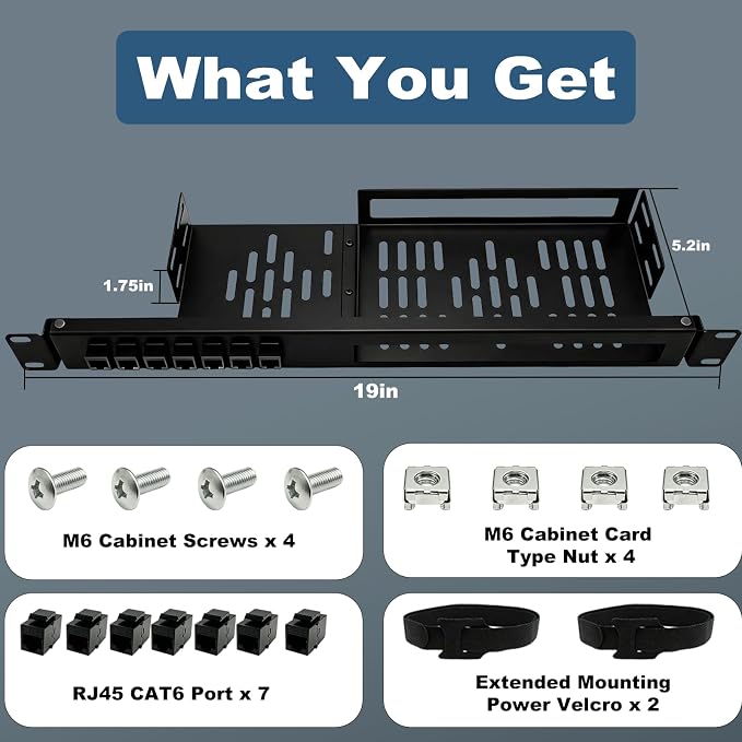 19-inch 1U Metal Rack Mount for Ubiquiti UCG-Fiber & UXG-Fiber - Hinged Rack Tray with 7 CAT6 Keystones, Power Bay, Ventilated Steel Shelf, Black