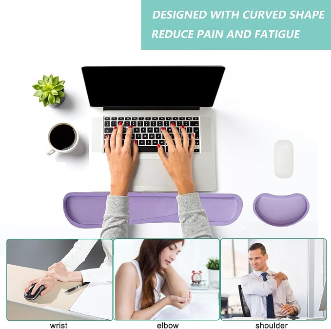 Keyboard Wrist Rest Mouse Wrist Support Set, Memory Foam Wrist Rest Pad for Computer Laptop Keyboard Mouse, Ergonomic Wrist Cushion Support for Typing Pain Relief, Gaming Home Office, Purple