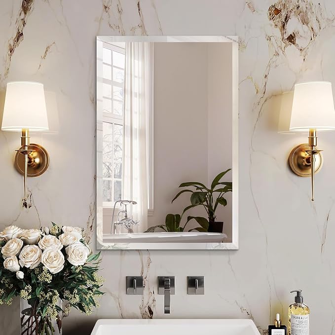 Rectangle Bevelled Frameless Mirror - Wall Mirror 24” x 36”, Shatterproof Modern Bathroom Mirror for Gym, Bathroom Vanity, Entryways with Bevelled Edge, Horizontally or Vertically